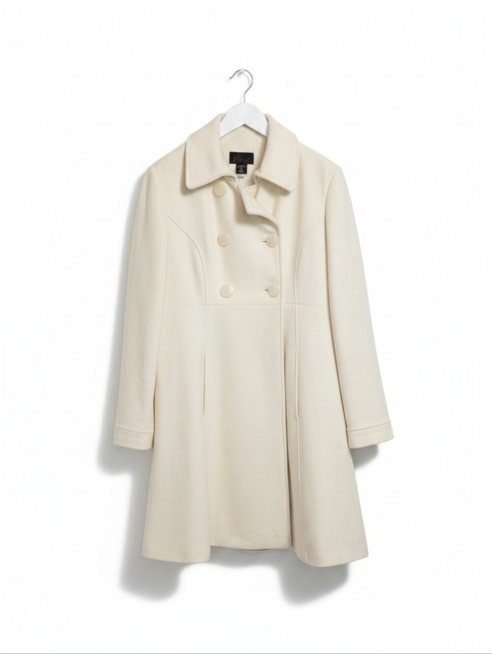 Via Cream Wool Double-Breasted Pea Coat With Pearlescent Shimmer Buttons